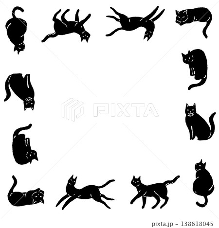 色々なポーズの黒猫の四角形フレーム枠モノクロシルエット素材 色々なポーズの黒猫の四角形フレーム枠モノクロシルエット素材 138618045