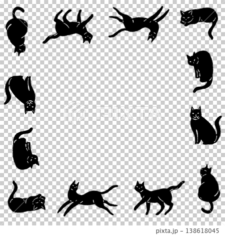 Black cat in various poses, monochrome silhouette material in a square frame. Black cat in various poses, monochrome silhouette material in a square frame. 138618045