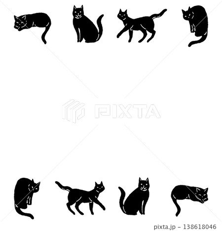 色々なポーズの黒猫の横長フレーム枠モノクロシルエットイラスト 138618046