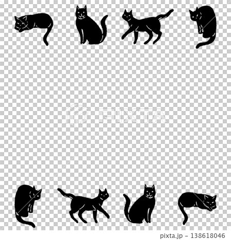 色々なポーズの黒猫の横長フレーム枠モノクロシルエットイラスト 138618046