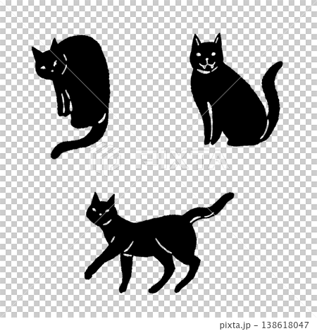 Monochrome silhouettes of three black cats in various poses (walking, sitting, etc.) Monochrome silhouettes of three black cats in various poses (walking, sitting, etc.) 138618047