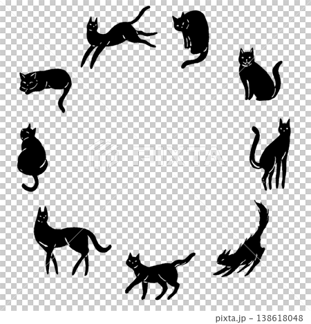 Monochrome silhouette illustrations of black cats in various poses within a round frame. 138618048