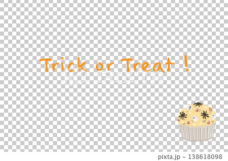 白いクリームのカップケーキとトリックオアトリートの文字入り横長カード 138618098