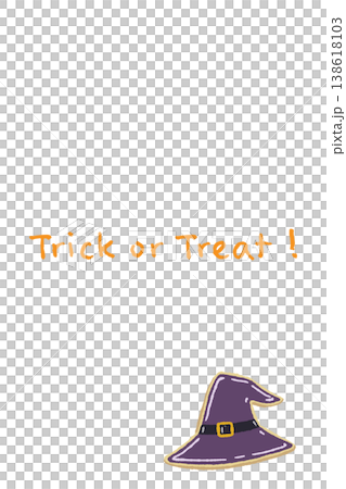 一張直式卡片，上面印著一個女巫帽形狀的餅乾和「不給糖就搗蛋」的字樣。 138618103