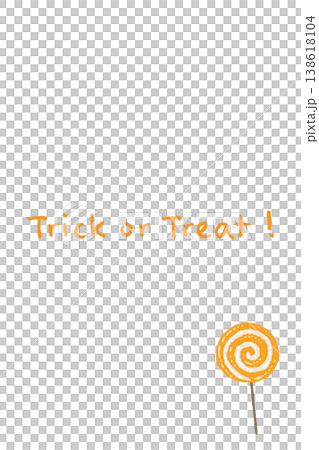 一張豎版卡片，上面畫著一個橘色棒棒糖，並寫著「不給糖就搗蛋」。 138618104