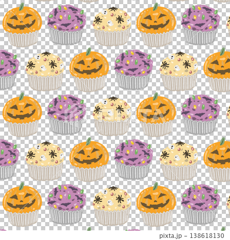 A seamless pattern of alternating spiderwebs and jack-o'-lantern cupcakes. 138618130