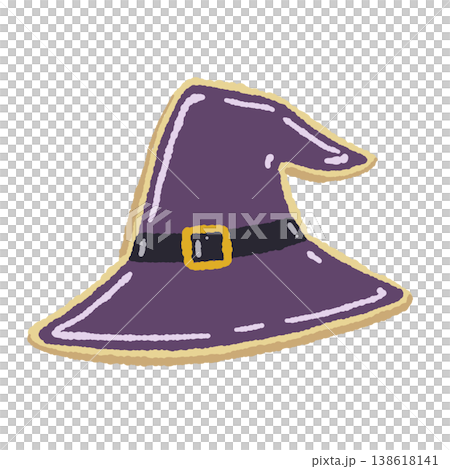一張手繪風格的可愛紫色女巫帽糖霜餅乾插圖。 138618141