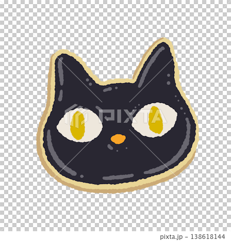 一塊手繪風格的糖霜餅乾，上面畫著一隻可愛的黑貓，有著黃色的眼睛。 138618144