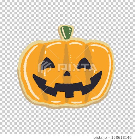 一塊手繪風格的糖霜餅乾，上面畫著一個笑瞇瞇的南瓜燈。 138618146