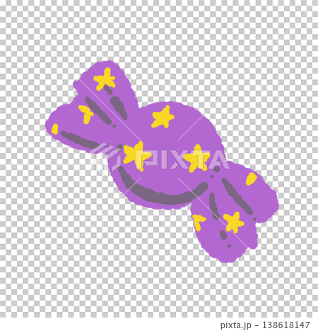 A single illustration of a candy wrapped in purple paper with a cute yellow star pattern. 138618147