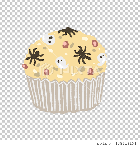 A slightly spooky Halloween cupcake topped with white cream and a spider decoration. 138618151