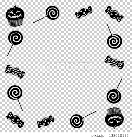 Monochrome square frame template featuring Halloween-themed candy and cupcakes. Monochrome square frame template featuring Halloween-themed candy and cupcakes. 138618155