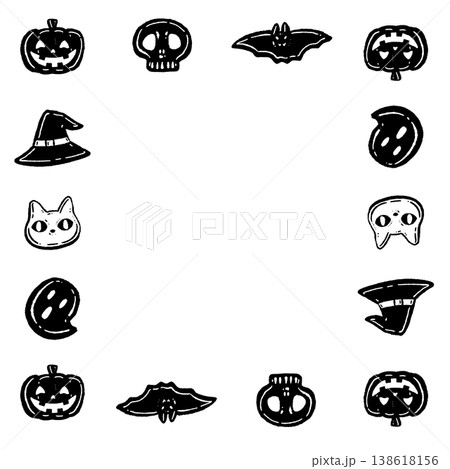 可愛いハロウィンアイシングクッキーのモノクロ四角フレームテンプレート素材 138618156