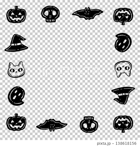 可愛いハロウィンアイシングクッキーのモノクロ四角フレームテンプレート素材 138618156