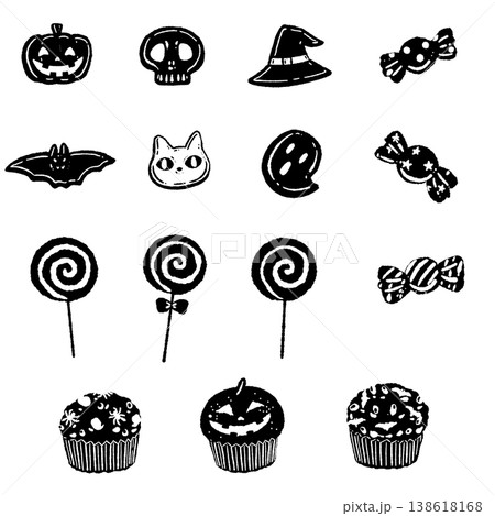手描き風で可愛いモノクロハロウィンスイーツ(お菓子)の詰め合わせセット 手描き風で可愛いモノクロハロウィンスイーツ(お菓子)の詰め合わせセット 138618168