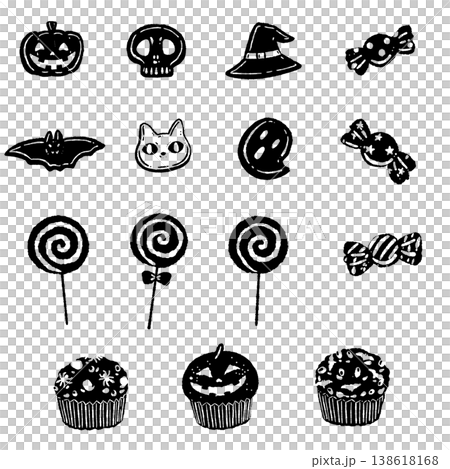 一組可愛的手繪風格單色萬聖節糖果。 138618168