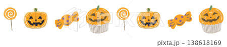 疎らに散らばる無表情なカボチャカップケーキのハロウィン装飾ライン 138618169