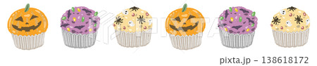 疎らに散らばるオレンジ色のカボチャカップケーキのハロウィンボーダーライン 138618172
