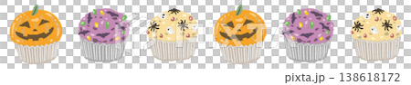 疎らに散らばるオレンジ色のカボチャカップケーキのハロウィンボーダーライン 138618172