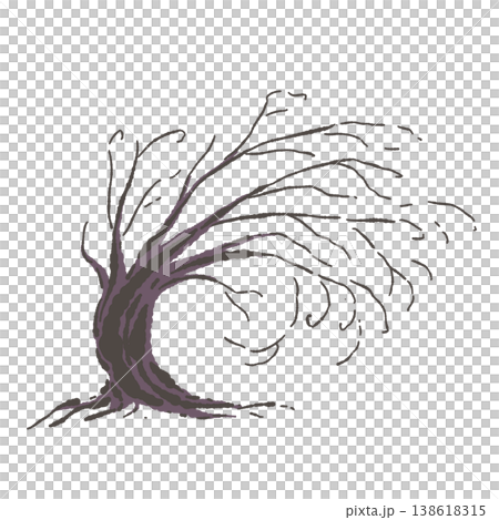 風に吹かれて傾いたハロウィンの枯れ木の手描きイラスト素材 138618315