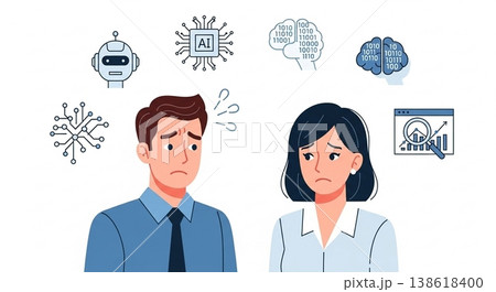 AI導入に悩む男女会社員 DX 人手不足 AIビジネス シンプル人物 138618400