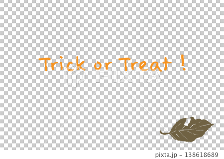 トリックオアトリートの手書き文字とシンプルな枯葉のハロウィン横型メッセージカード 138618689