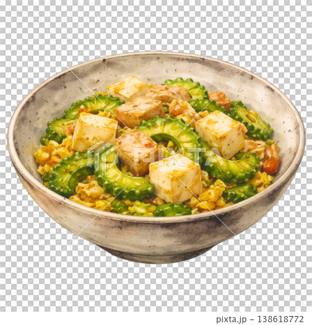 Goya Champuru (Okinawan stir-fry) - Japanese-style watercolor painting (cutout material) eye-catching image Goya Champuru (Okinawan stir-fry) - Japanese-style watercolor painting (cutout material) eye-catching image 138618772