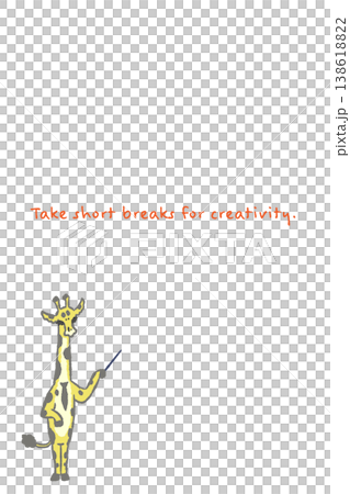Hand-drawn illustration of a giraffe business character - Vertical message card template with a pointing stick Hand-drawn illustration of a giraffe business character - Vertical message card template with a pointing stick 138618822