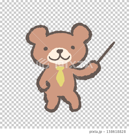 Hand-drawn illustration of a bear cub in a business suit - a bear in a suit giving directions with a pointer stick. Hand-drawn illustration of a bear cub in a business suit - a bear in a suit giving directions with a pointer stick. 138618828