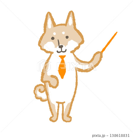 柴犬のビジネスキャラクター手描きイラスト - 指し棒で案内するスーツ姿の犬 138618831
