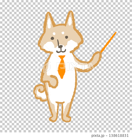 柴犬のビジネスキャラクター手描きイラスト - 指し棒で案内するスーツ姿の犬 138618831