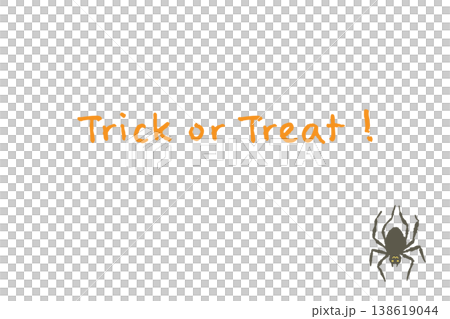 一張橫版賀卡，上面寫著“萬聖節不給糖就搗蛋”，還有一個可愛的小蜘蛛。 138619044
