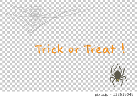 ハロウィンTrick or Treat文字と可愛いコミカル蜘蛛と巣の横型カード 138619049