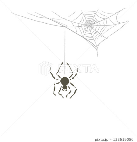 ハロウィンの蜘蛛の巣から糸でぶら下がるクモのイラスト素材 138619086