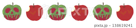 ドクロ顔の毒リンゴとかじられたりんごのライン装飾 - ハロウィン向け手描き飾り罫線 138619241