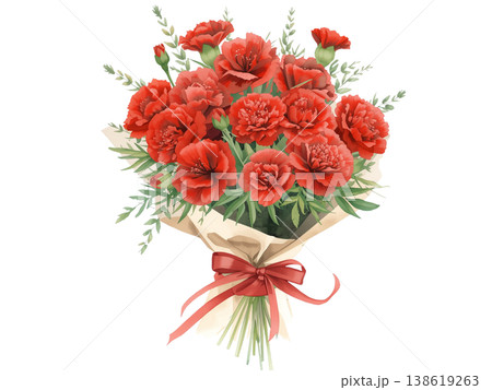 赤いカーネーションの花束を描いた母の日向けの華やかなフラワーイラスト 138619263