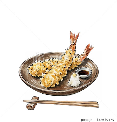 日本画風に描いた、皿に盛られたエビの天ぷらのイラスト 138619475