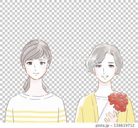 A mother and her grown-up daughter smiling on Mother's Day; mother and daughter holding carnations; watercolor-style illustration. A mother and her grown-up daughter smiling on Mother's Day; mother and daughter holding carnations; watercolor-style illustration. 138619712