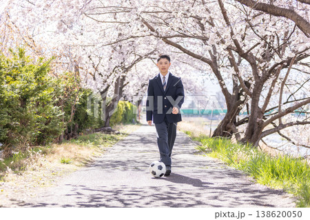 桜並木を歩く男子学生 138620050