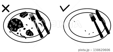 食べ残しNG・完食OKのモノクロイラスト　フードロス削減 138620606