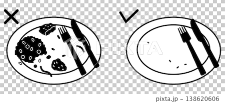 食べ残しNG・完食OKのモノクロイラスト　フードロス削減 138620606