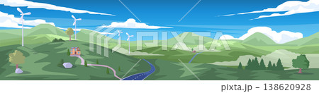 Landscape of small village with clean energy on a hillside. Wind turbines that generate electricity from wind currents are located on hillsides. asphalt road that cuts through hills and valleys. 138620928