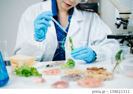 Food scientists woman using microscopes and pipettes in a modern laboratory environment. Food scientists woman using microscopes and pipettes in a modern laboratory environment. 138621311