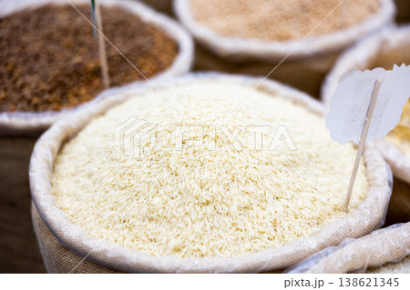 Basmati rice in large bags in store Basmati rice in large bags in store 138621345
