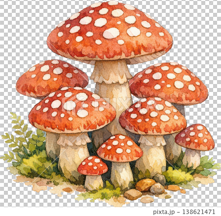 赤い斑点キノコの群生 水彩画 ファンタジーな森のイラスト素材