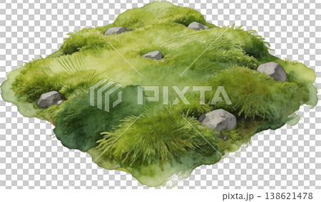 A watercolor illustration of a lush, green landscape with rocky hills, a miniature natural scene. 138621478