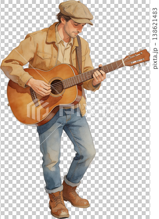 アコースティックギターを弾く若い男性の優しい水彩イラスト アコースティックギターを弾く若い男性の優しい水彩イラスト 138621483