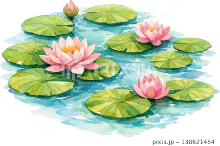 穏やかな水面に咲くピンクの睡蓮と緑の葉 手描き水彩画 穏やかな水面に咲くピンクの睡蓮と緑の葉 手描き水彩画 138621484