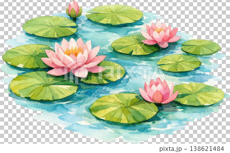 穏やかな水面に咲くピンクの睡蓮と緑の葉 手描き水彩画 穏やかな水面に咲くピンクの睡蓮と緑の葉 手描き水彩画 138621484