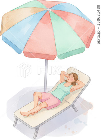 水彩画風カラフルなビーチパラソルの下でリラックスする女性 138621489